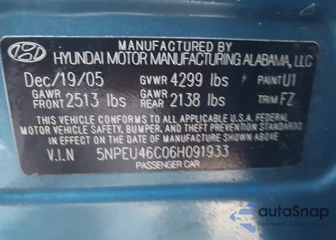 2006 Hyundai Sonata Gls z USA, uszkodzony, nr VIN 5NPEU46C06H091933